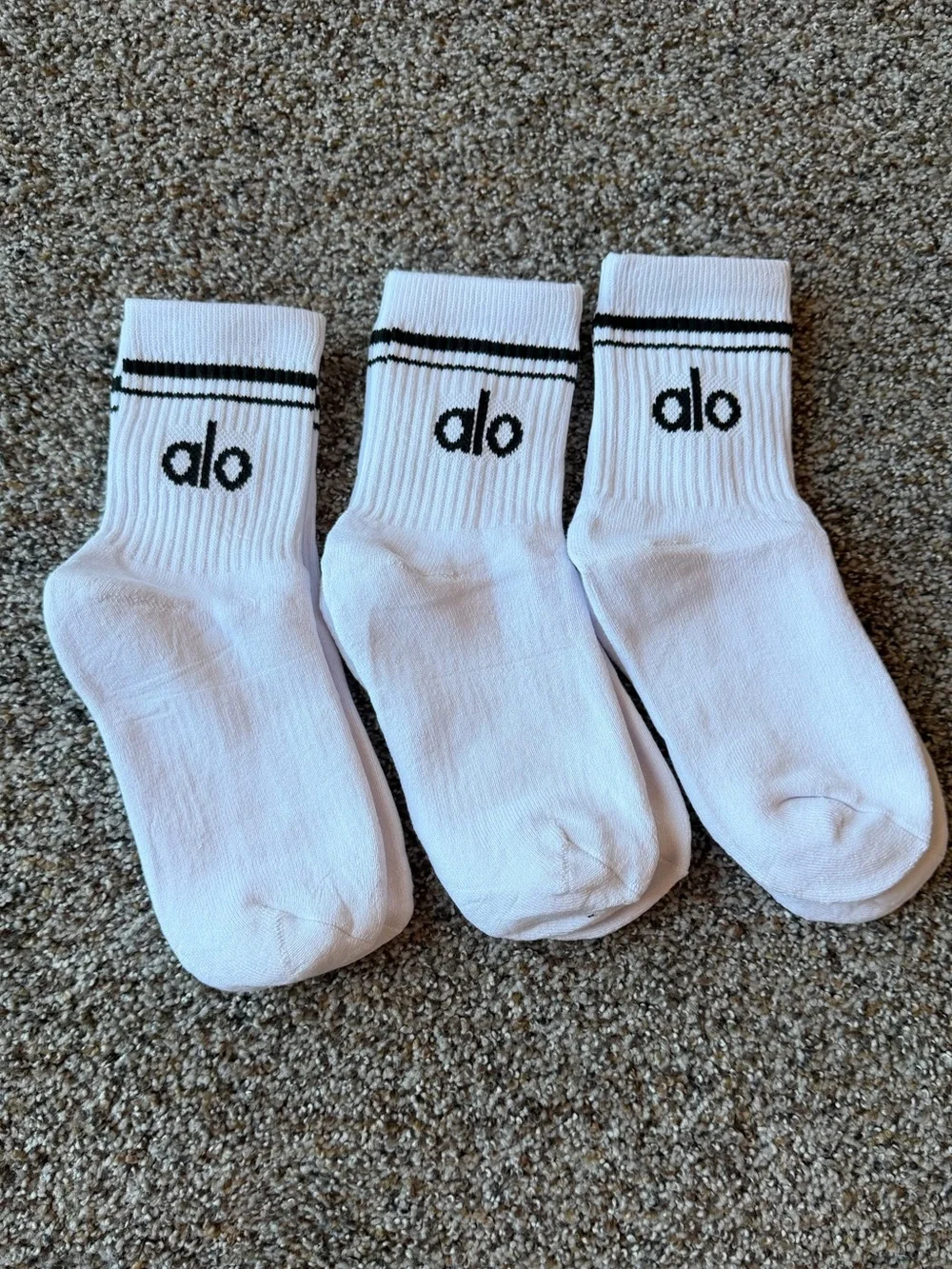 Alo Yoga White Half Crew Socks with Black Logo - 3 Pack